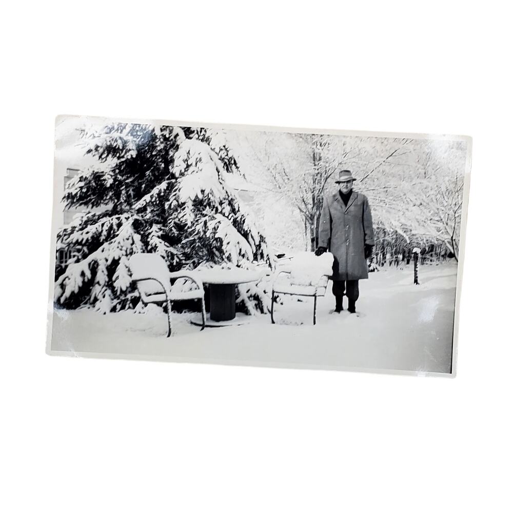 Vtg Man in Snow Winter of 1966 Original Monochrome Photography Found Portrait